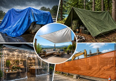 Collage of various outdoor tarps in use