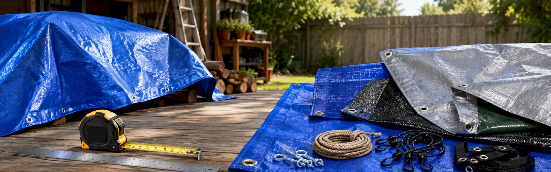 Blue and silver tarps with measuring tools