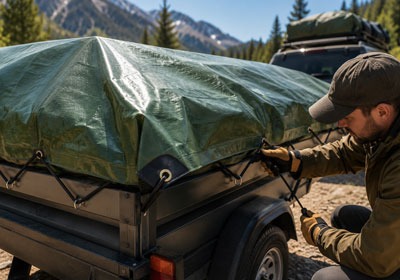 Man securing a green tarp over a trailer