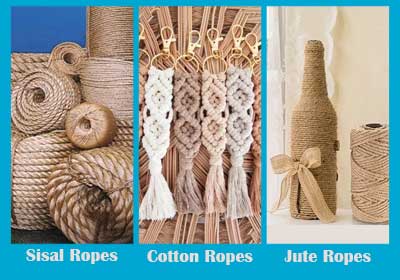 Close-up comparison of jute, cotton, and sisal ropes side by side