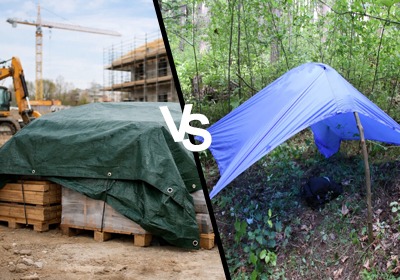 Heavy-duty polyethylene tarp beside lightweight polypropylene tarp