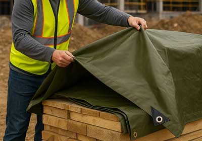Stack of different tarpaulin types from economy to heavyweight for outdoor and industrial use